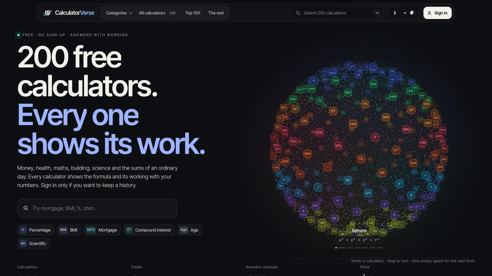 CalculatorVerse homepage with a sphere of calculators