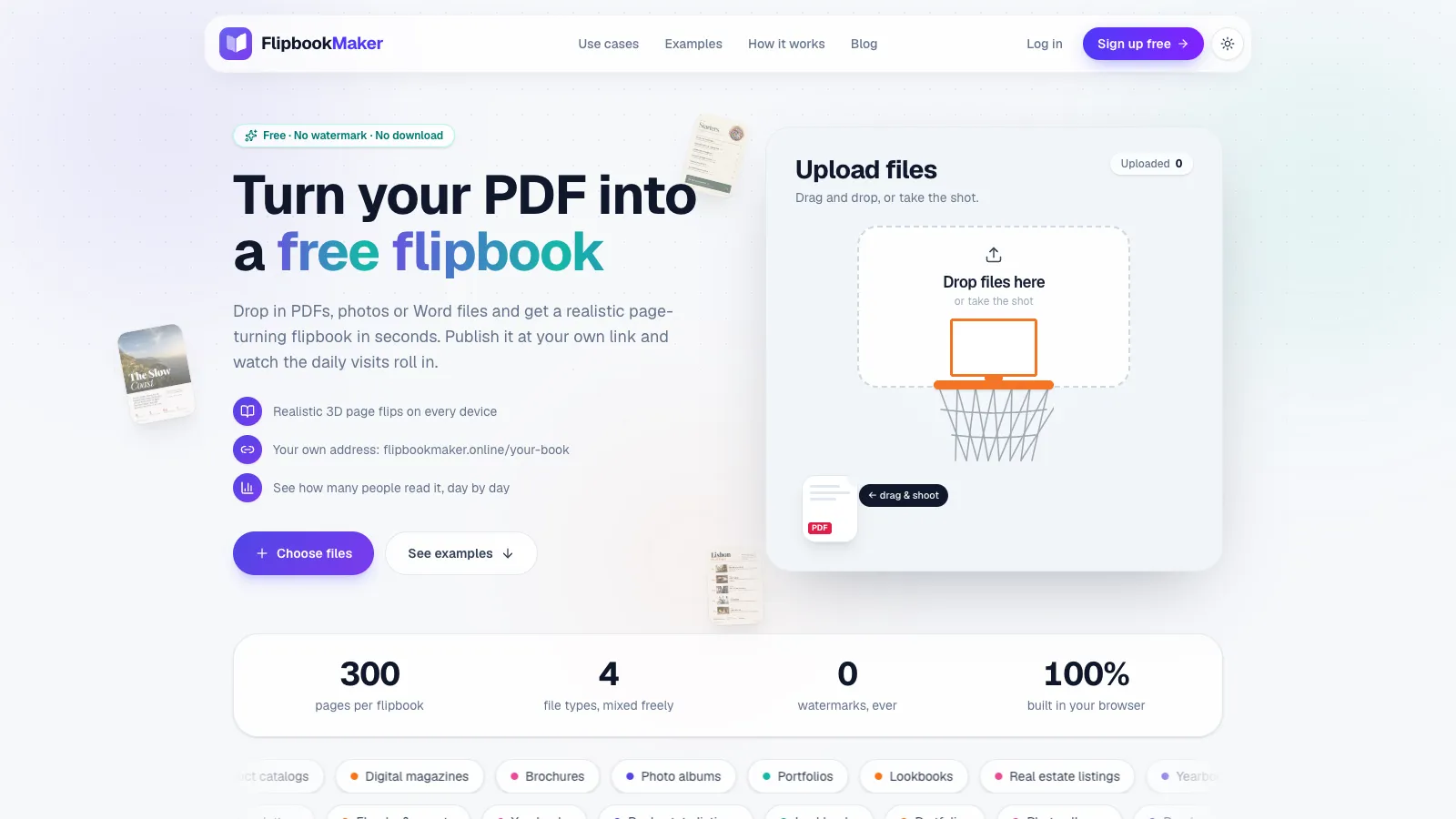 FlipbookMaker homepage with the PDF upload panel