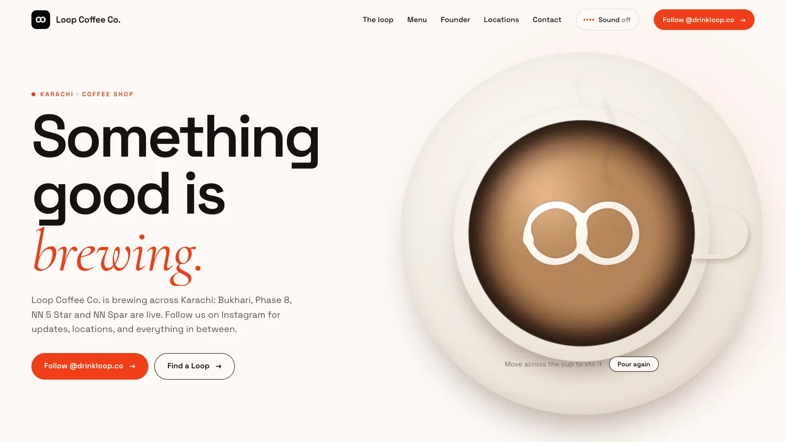 Loop Coffee Co. homepage with a cup of coffee from above