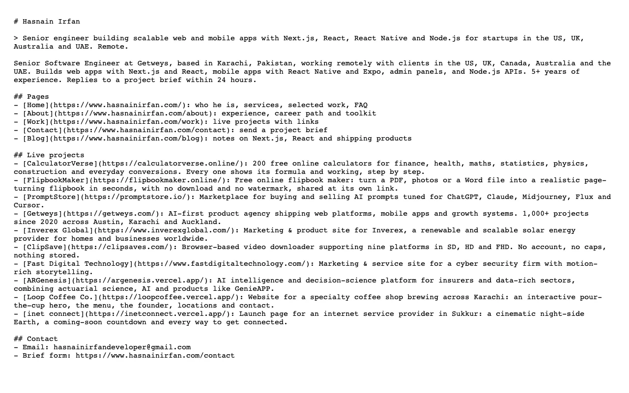 The live llms.txt file on hasnainirfan.com, listing the site's pages and projects