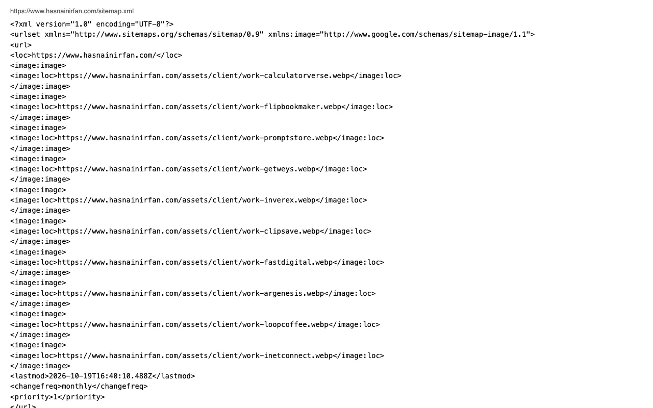The sitemap.xml generated by app/sitemap.ts on hasnainirfan.com